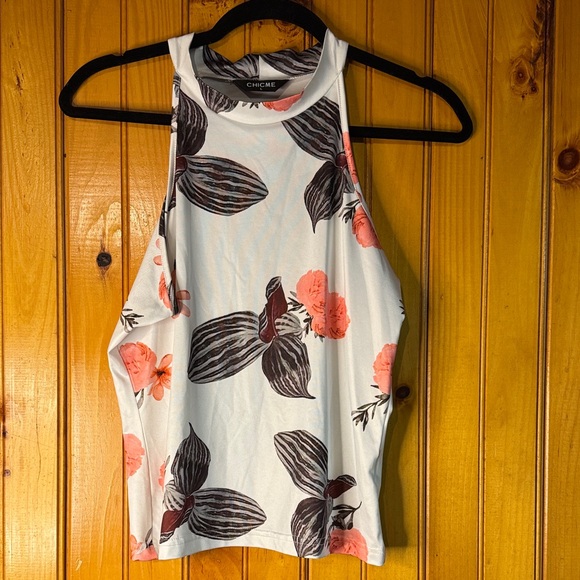 chicme Tops - ChicMe Floral Print Tank Top - White and Coral